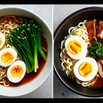 A split image contrasting two bowls of instant noodles. On the left: a dull, thin, watery bowl of generic instant noodles, looking unappetizing. On the right: a vibrant, rich bowl of premium instant noodles, with thick, springy noodles, a deep amber broth, visible slices of tender meat, a perfectly cooked soft-boiled egg, and fresh green onions, emitting inviting steam. High detail, gourmet photography style, sharp focus.
