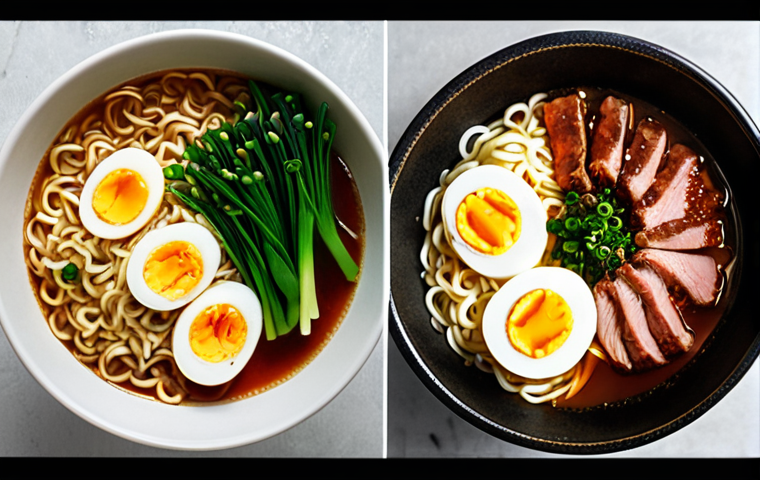A split image contrasting two bowls of instant noodles. On the left: a dull, thin, watery bowl of generic instant noodles, looking unappetizing. On the right: a vibrant, rich bowl of premium instant noodles, with thick, springy noodles, a deep amber broth, visible slices of tender meat, a perfectly cooked soft-boiled egg, and fresh green onions, emitting inviting steam. High detail, gourmet photography style, sharp focus.
